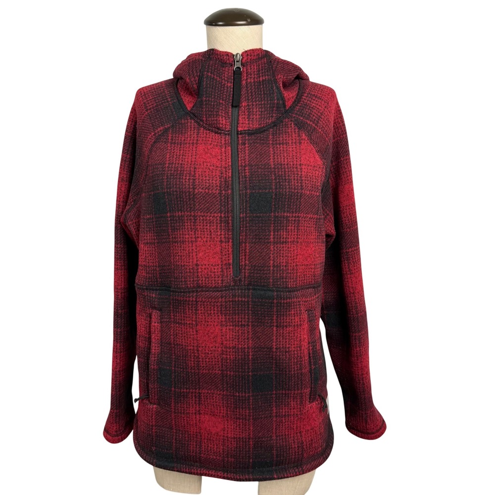 The North Face Womens Red Black Plaid Half Zip Fleece Hoodie Pullover Medium